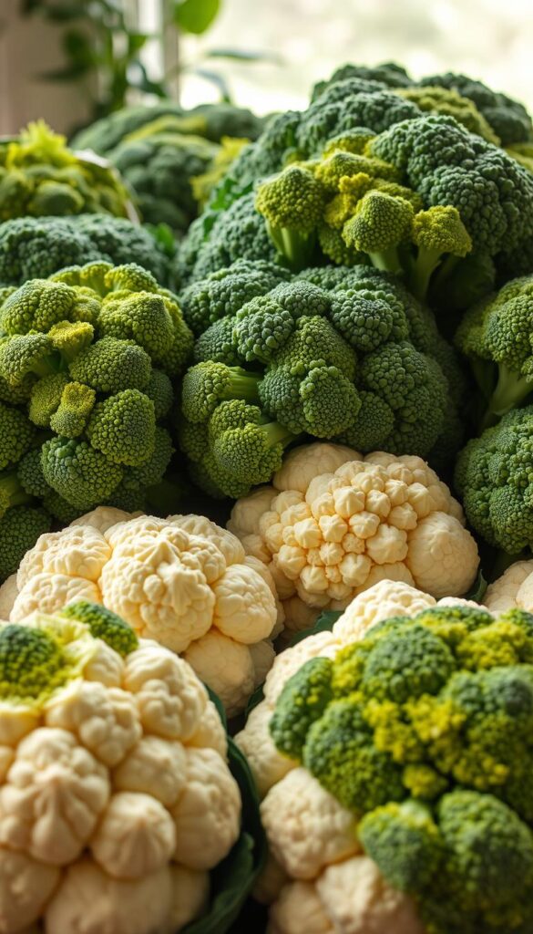 A bountiful harvest of vibrant broccoli and cauliflower crowns nestled together, their lush green and white hues popping against a backdrop of soft, diffused natural light. The vegetables stand tall and proud, their textured florets glistening as if freshly plucked from a well-tended garden. The scene is captured from a low angle, emphasizing the impressive scale and volume of these cool-weather delights. A sense of abundance and wholesome nourishment radiates from the image, inviting the viewer to imagine the flavorful dishes that could be crafted from this nutritious, versatile produce. A bountiful harvest of vibrant broccoli and cauliflower crowns nestled together, their lush green and white hues popping against a backdrop of soft, diffused natural light. The vegetables stand tall and proud, their textured florets glistening as if freshly plucked from a well-tended garden. The scene is captured from a low angle, emphasizing the impressive scale and volume of these cool-weather delights. A sense of abundance and wholesome nourishment radiates from the image, inviting the viewer to imagine the flavorful dishes that could be crafted from this nutritious, versatile produce.