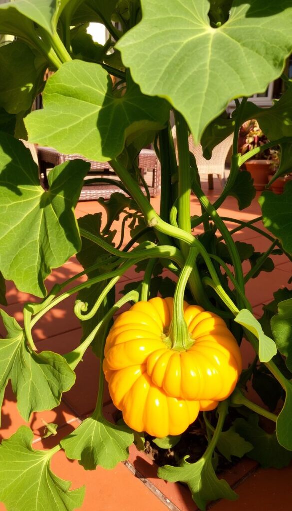 A bountiful patio squash plant, its broad leaves casting dappled shadows on the warm terracotta tiles below. In the foreground, a cluster of vibrant, disc-shaped squash fruits, their ridged skin glowing under the soft, golden afternoon light. The squash are nestled among lush, green vines that twist and curl, creating a sense of abundant, organic growth. In the background, a glimpse of a cozy patio setting, with wicker furniture and potted plants, hinting at the perfect spot to savor the fruits of this miniature, yet productive, garden. A bountiful patio squash plant, its broad leaves casting dappled shadows on the warm terracotta tiles below. In the foreground, a cluster of vibrant, disc-shaped squash fruits, their ridged skin glowing under the soft, golden afternoon light. The squash are nestled among lush, green vines that twist and curl, creating a sense of abundant, organic growth. In the background, a glimpse of a cozy patio setting, with wicker furniture and potted plants, hinting at the perfect spot to savor the fruits of this miniature, yet productive, garden.