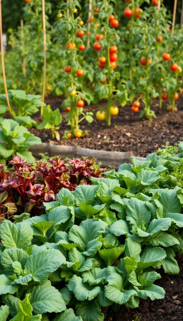 A bountiful vegetable garden bursting with life, capturing the essence of a beginner's first growing season. In the foreground, rows of lush, vibrant greens - kale, spinach, and lettuce - await eager hands to harvest. In the middle ground, sturdy tomato plants stand tall, their ripening fruit shimmering in the soft, warm light. Surrounding this verdant scene, a neatly tended plot of soil, ready to welcome the next crop of easy-to-grow favorites, such as carrots, radishes, and zucchini. The atmosphere exudes a sense of accomplishment and the promise of a bountiful harvest, inspiring confidence in the new gardener. A bountiful vegetable garden bursting with life, capturing the essence of a beginner's first growing season. In the foreground, rows of lush, vibrant greens - kale, spinach, and lettuce - await eager hands to harvest. In the middle ground, sturdy tomato plants stand tall, their ripening fruit shimmering in the soft, warm light. Surrounding this verdant scene, a neatly tended plot of soil, ready to welcome the next crop of easy-to-grow favorites, such as carrots, radishes, and zucchini. The atmosphere exudes a sense of accomplishment and the promise of a bountiful harvest, inspiring confidence in the new gardener.
