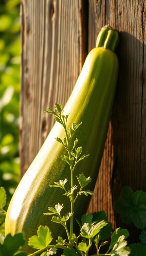 A bountiful zucchini, freshly harvested, resting against a rustic wooden backdrop. The vibrant green hue glistens under warm, golden lighting, casting soft shadows that accentuate its tender, cylindrical form. In the middle ground, a few sprigs of lush, verdant leaves provide a natural framing, hinting at the plant's productive nature. The background is a soft, blurred landscape of verdant foliage, evoking the lush, summer garden setting. The overall mood is one of abundance, wholesomeness, and the celebratory spirit of the summer harvest. A bountiful zucchini, freshly harvested, resting against a rustic wooden backdrop. The vibrant green hue glistens under warm, golden lighting, casting soft shadows that accentuate its tender, cylindrical form. In the middle ground, a few sprigs of lush, verdant leaves provide a natural framing, hinting at the plant's productive nature. The background is a soft, blurred landscape of verdant foliage, evoking the lush, summer garden setting. The overall mood is one of abundance, wholesomeness, and the celebratory spirit of the summer harvest.