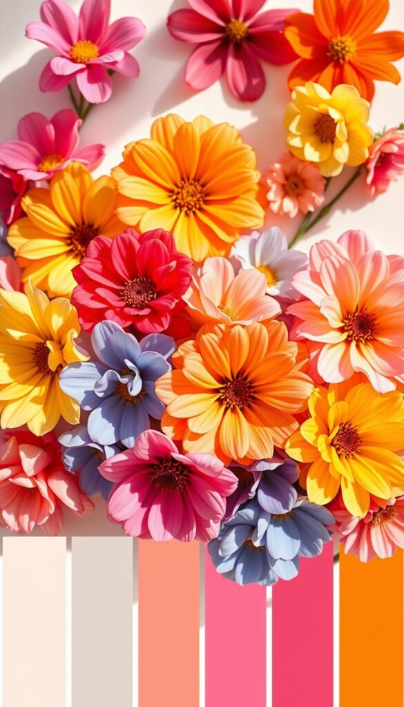 A breathtaking collection of vibrant color palettes showcasing a stunning array of flowers in natural light. Delicate petals in a kaleidoscope of hues - lush pinks, radiant yellows, deep purples, and soft blues - are artfully arranged against a clean, minimalist background. The composition invites the viewer to immerse themselves in the sensory delights of these floral combinations, each palette a harmonious symphony of color. Warm, directional lighting accentuates the dimensionality and tactile quality of the blooms, creating a sense of depth and capturing their inherent beauty in crisp, high-resolution detail. This visually captivating image serves as an inspiring guide to the endless possibilities of flower color pairings. A breathtaking collection of vibrant color palettes showcasing a stunning array of flowers in natural light. Delicate petals in a kaleidoscope of hues - lush pinks, radiant yellows, deep purples, and soft blues - are artfully arranged against a clean, minimalist background. The composition invites the viewer to immerse themselves in the sensory delights of these floral combinations, each palette a harmonious symphony of color. Warm, directional lighting accentuates the dimensionality and tactile quality of the blooms, creating a sense of depth and capturing their inherent beauty in crisp, high-resolution detail. This visually captivating image serves as an inspiring guide to the endless possibilities of flower color pairings.