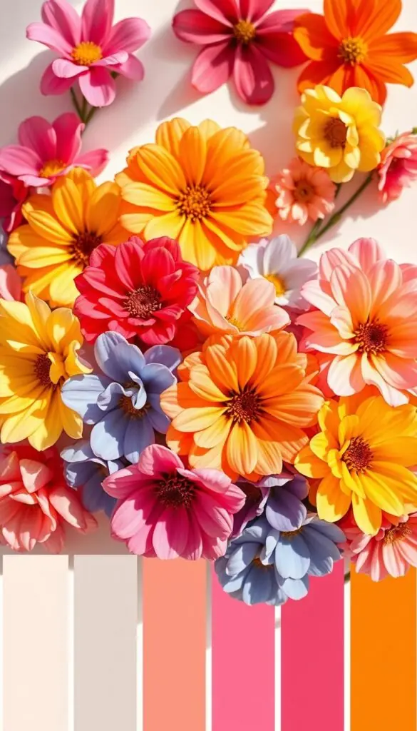 A breathtaking collection of vibrant color palettes showcasing a stunning array of flowers in natural light. Delicate petals in a kaleidoscope of hues - lush pinks, radiant yellows, deep purples, and soft blues - are artfully arranged against a clean, minimalist background. The composition invites the viewer to immerse themselves in the sensory delights of these floral combinations, each palette a harmonious symphony of color. Warm, directional lighting accentuates the dimensionality and tactile quality of the blooms, creating a sense of depth and capturing their inherent beauty in crisp, high-resolution detail. This visually captivating image serves as an inspiring guide to the endless possibilities of flower color pairings.