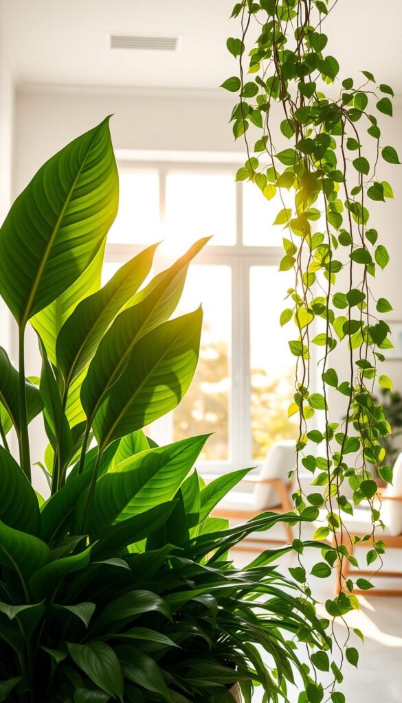 A bright, airy indoor environment with lush, verdant plants thriving in natural light. The foreground features a variety of air-purifying houseplants, such as a tall peace lily, a bushy snake plant, and trailing pothos vines, their leaves glistening. In the middle ground, a large window overlooking a sunlit outdoor scene, bathing the room in a warm, golden glow. The background showcases minimalist, contemporary furnishings and clean, white walls, creating a serene, spa-like ambiance. Soft, diffused lighting filters through the space, highlighting the plants' vibrant green hues and the overall sense of tranquility and wellness. A bright, airy indoor environment with lush, verdant plants thriving in natural light. The foreground features a variety of air-purifying houseplants, such as a tall peace lily, a bushy snake plant, and trailing pothos vines, their leaves glistening. In the middle ground, a large window overlooking a sunlit outdoor scene, bathing the room in a warm, golden glow. The background showcases minimalist, contemporary furnishings and clean, white walls, creating a serene, spa-like ambiance. Soft, diffused lighting filters through the space, highlighting the plants' vibrant green hues and the overall sense of tranquility and wellness.