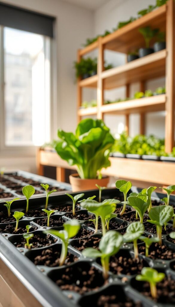 A bright, airy indoor gardening scene showcasing the step-by-step growth of lettuce from seed to seedling. In the foreground, a tray of fresh green lettuce seedlings sprout from potting soil, their tender leaves gently unfurling towards the light. In the middle ground, a young lettuce plant in a small pot stands tall, its leaves lush and vibrant. Soft, indirect natural lighting filters in from overhead, casting a warm, inviting glow across the scene. In the background, wooden shelves hold additional trays of lettuce seedlings at various stages of growth, creating a sense of scale and a productive indoor garden setting. The overall mood is one of calm, organic growth and the joy of nurturing fresh produce at home year-round. A bright, airy indoor gardening scene showcasing the step-by-step growth of lettuce from seed to seedling. In the foreground, a tray of fresh green lettuce seedlings sprout from potting soil, their tender leaves gently unfurling towards the light. In the middle ground, a young lettuce plant in a small pot stands tall, its leaves lush and vibrant. Soft, indirect natural lighting filters in from overhead, casting a warm, inviting glow across the scene. In the background, wooden shelves hold additional trays of lettuce seedlings at various stages of growth, creating a sense of scale and a productive indoor garden setting. The overall mood is one of calm, organic growth and the joy of nurturing fresh produce at home year-round.