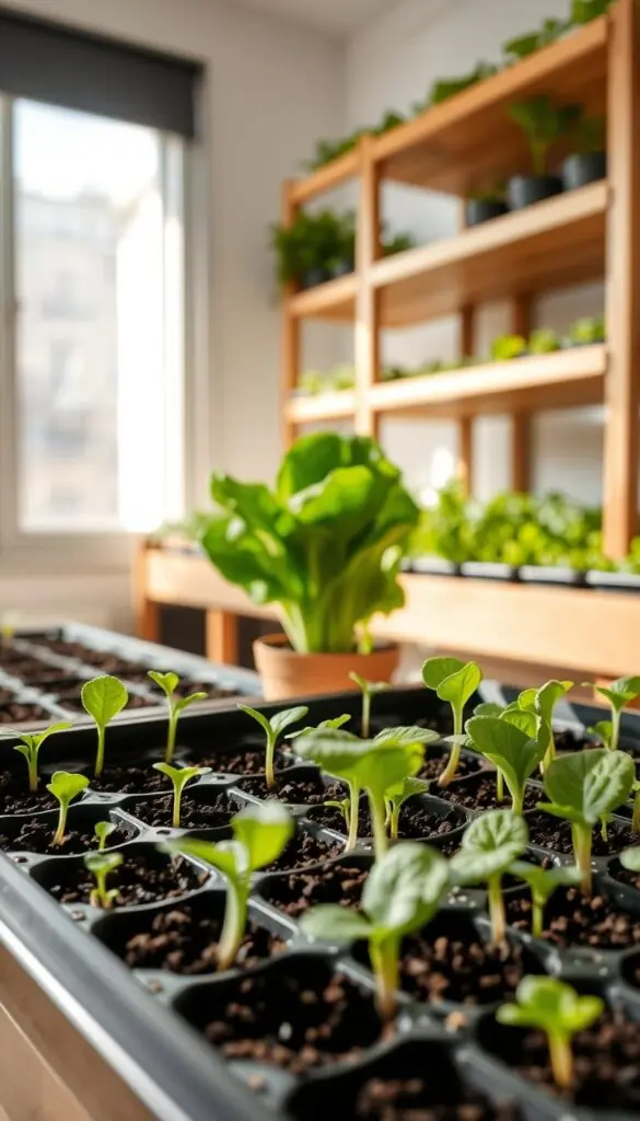 A bright, airy indoor gardening scene showcasing the step-by-step growth of lettuce from seed to seedling. In the foreground, a tray of fresh green lettuce seedlings sprout from potting soil, their tender leaves gently unfurling towards the light. In the middle ground, a young lettuce plant in a small pot stands tall, its leaves lush and vibrant. Soft, indirect natural lighting filters in from overhead, casting a warm, inviting glow across the scene. In the background, wooden shelves hold additional trays of lettuce seedlings at various stages of growth, creating a sense of scale and a productive indoor garden setting. The overall mood is one of calm, organic growth and the joy of nurturing fresh produce at home year-round. A bright, airy indoor gardening scene showcasing the step-by-step growth of lettuce from seed to seedling. In the foreground, a tray of fresh green lettuce seedlings sprout from potting soil, their tender leaves gently unfurling towards the light. In the middle ground, a young lettuce plant in a small pot stands tall, its leaves lush and vibrant. Soft, indirect natural lighting filters in from overhead, casting a warm, inviting glow across the scene. In the background, wooden shelves hold additional trays of lettuce seedlings at various stages of growth, creating a sense of scale and a productive indoor garden setting. The overall mood is one of calm, organic growth and the joy of nurturing fresh produce at home year-round.
