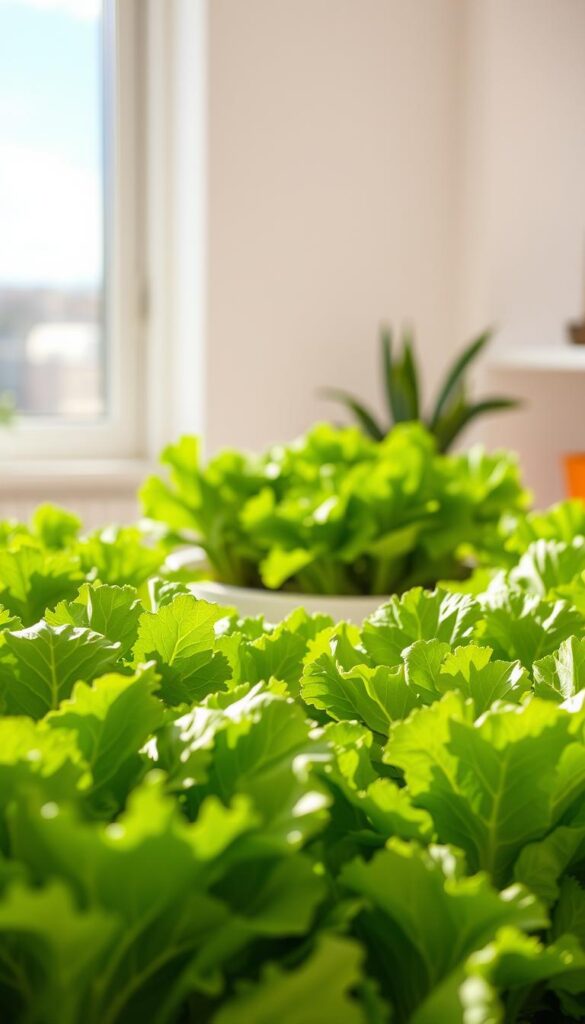 A bright, airy indoor setting with lush, vibrant lettuce plants thriving under warm, natural lighting. The lettuce leaves are crisp, verdant, and neatly arranged, creating a visually appealing and appetizing scene. The foreground showcases the lettuce's intricate textures and delicate features, while the middle ground reveals a modern, minimalist container or planter housing the lettuce. The background features clean, uncluttered walls or shelving, emphasizing the lettuce's central focus. The overall mood is one of freshness, serenity, and the joy of indoor gardening. A bright, airy indoor setting with lush, vibrant lettuce plants thriving under warm, natural lighting. The lettuce leaves are crisp, verdant, and neatly arranged, creating a visually appealing and appetizing scene. The foreground showcases the lettuce's intricate textures and delicate features, while the middle ground reveals a modern, minimalist container or planter housing the lettuce. The background features clean, uncluttered walls or shelving, emphasizing the lettuce's central focus. The overall mood is one of freshness, serenity, and the joy of indoor gardening.