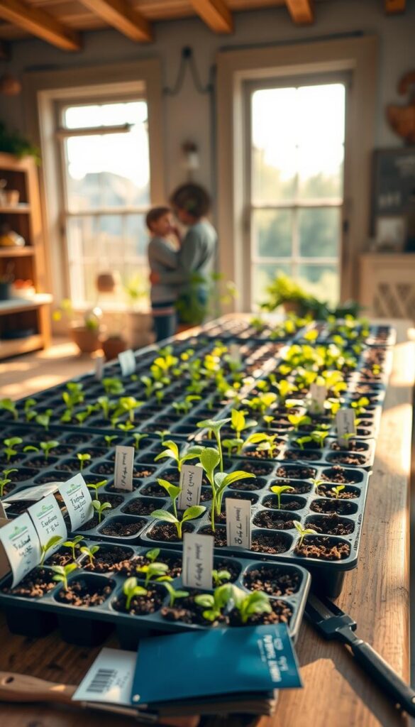 A bright, airy indoor space with a wooden table overflowing with seedling trays, each filled with nutrient-rich soil and delicate green sprouts peeking through. Warm, natural light filters in through large windows, casting a soft glow over the scene. In the foreground, carefully labeled seed packets and gardening tools are neatly arranged, hinting at the meticulous process of seed starting. The middle ground showcases the seedlings at various stages of growth, their leaves unfurling with vibrant, verdant hues. In the background, a cozy, inviting atmosphere is created with natural textures and muted earth tones, complementing the organic, earthy nature of the scene. The overall mood is one of anticipation and the promise of a bountiful garden to come. A bright, airy indoor space with a wooden table overflowing with seedling trays, each filled with nutrient-rich soil and delicate green sprouts peeking through. Warm, natural light filters in through large windows, casting a soft glow over the scene. In the foreground, carefully labeled seed packets and gardening tools are neatly arranged, hinting at the meticulous process of seed starting. The middle ground showcases the seedlings at various stages of growth, their leaves unfurling with vibrant, verdant hues. In the background, a cozy, inviting atmosphere is created with natural textures and muted earth tones, complementing the organic, earthy nature of the scene. The overall mood is one of anticipation and the promise of a bountiful garden to come.