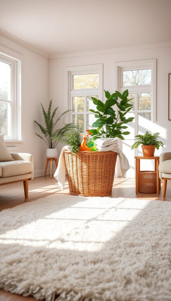 A bright, airy living room, bathed in warm, natural light filtering through large windows. Crisp white walls and clean, minimal furnishings create a sense of calm. In the center, a wicker laundry basket overflows with plush towels, fresh greenery, and cleaning supplies, signifying a thorough spring cleaning reset. Nearby, a potted plant on a wooden side table adds a touch of verdant life, while a large, plush rug anchors the space, inviting a feeling of rejuvenation. The overall atmosphere is one of serenity, openness, and a refreshed, revitalized space, ready to welcome the vibrant energy of the spring season. A bright, airy living room, bathed in warm, natural light filtering through large windows. Crisp white walls and clean, minimal furnishings create a sense of calm. In the center, a wicker laundry basket overflows with plush towels, fresh greenery, and cleaning supplies, signifying a thorough spring cleaning reset. Nearby, a potted plant on a wooden side table adds a touch of verdant life, while a large, plush rug anchors the space, inviting a feeling of rejuvenation. The overall atmosphere is one of serenity, openness, and a refreshed, revitalized space, ready to welcome the vibrant energy of the spring season.
