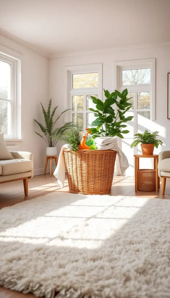 A bright, airy living room, bathed in warm, natural light filtering through large windows. Crisp white walls and clean, minimal furnishings create a sense of calm. In the center, a wicker laundry basket overflows with plush towels, fresh greenery, and cleaning supplies, signifying a thorough spring cleaning reset. Nearby, a potted plant on a wooden side table adds a touch of verdant life, while a large, plush rug anchors the space, inviting a feeling of rejuvenation. The overall atmosphere is one of serenity, openness, and a refreshed, revitalized space, ready to welcome the vibrant energy of the spring season. A bright, airy living room, bathed in warm, natural light filtering through large windows. Crisp white walls and clean, minimal furnishings create a sense of calm. In the center, a wicker laundry basket overflows with plush towels, fresh greenery, and cleaning supplies, signifying a thorough spring cleaning reset. Nearby, a potted plant on a wooden side table adds a touch of verdant life, while a large, plush rug anchors the space, inviting a feeling of rejuvenation. The overall atmosphere is one of serenity, openness, and a refreshed, revitalized space, ready to welcome the vibrant energy of the spring season.