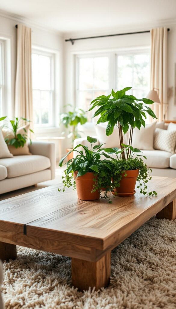 A bright, airy living room with a natural, rustic-inspired coffee table. The table is made of weathered wood with a matte finish, resting on a plush, light-colored area rug. Potted plants in earthy terracotta pots are artfully arranged on the table, their lush foliage cascading over the edges. Soft, diffused sunlight filters in through large windows, creating a warm, inviting atmosphere. The room is accented with neutral-toned furniture and textiles, allowing the greenery to take center stage and bring a touch of vibrant spring elegance to the space. A bright, airy living room with a natural, rustic-inspired coffee table. The table is made of weathered wood with a matte finish, resting on a plush, light-colored area rug. Potted plants in earthy terracotta pots are artfully arranged on the table, their lush foliage cascading over the edges. Soft, diffused sunlight filters in through large windows, creating a warm, inviting atmosphere. The room is accented with neutral-toned furniture and textiles, allowing the greenery to take center stage and bring a touch of vibrant spring elegance to the space.