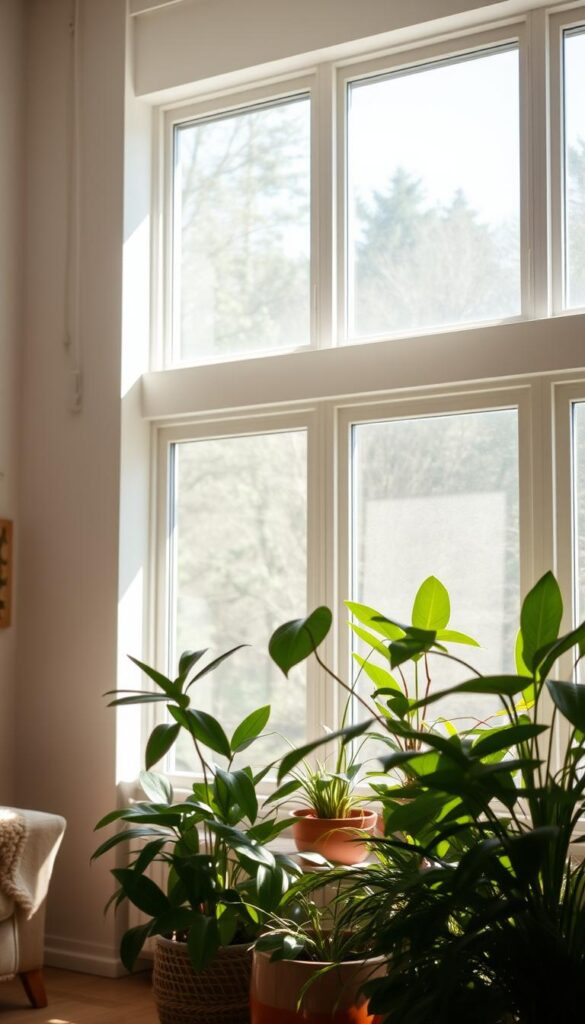 A bright, airy room bathed in natural, indirect light. Diffused sunlight streams through large windows, creating a warm, even glow that bathes the space. The light filters softly, casting gentle shadows and highlighting the textures of indoor plants and furnishings. The atmosphere is soothing and inviting, with a sense of tranquility and calm. Subtle highlights accentuate the delicate features of the houseplants, conveying a thriving, healthy appearance. The lighting is carefully balanced, neither too harsh nor too dim, creating the ideal environment for cultivating lush, vibrant greenery. A bright, airy room bathed in natural, indirect light. Diffused sunlight streams through large windows, creating a warm, even glow that bathes the space. The light filters softly, casting gentle shadows and highlighting the textures of indoor plants and furnishings. The atmosphere is soothing and inviting, with a sense of tranquility and calm. Subtle highlights accentuate the delicate features of the houseplants, conveying a thriving, healthy appearance. The lighting is carefully balanced, neither too harsh nor too dim, creating the ideal environment for cultivating lush, vibrant greenery.
