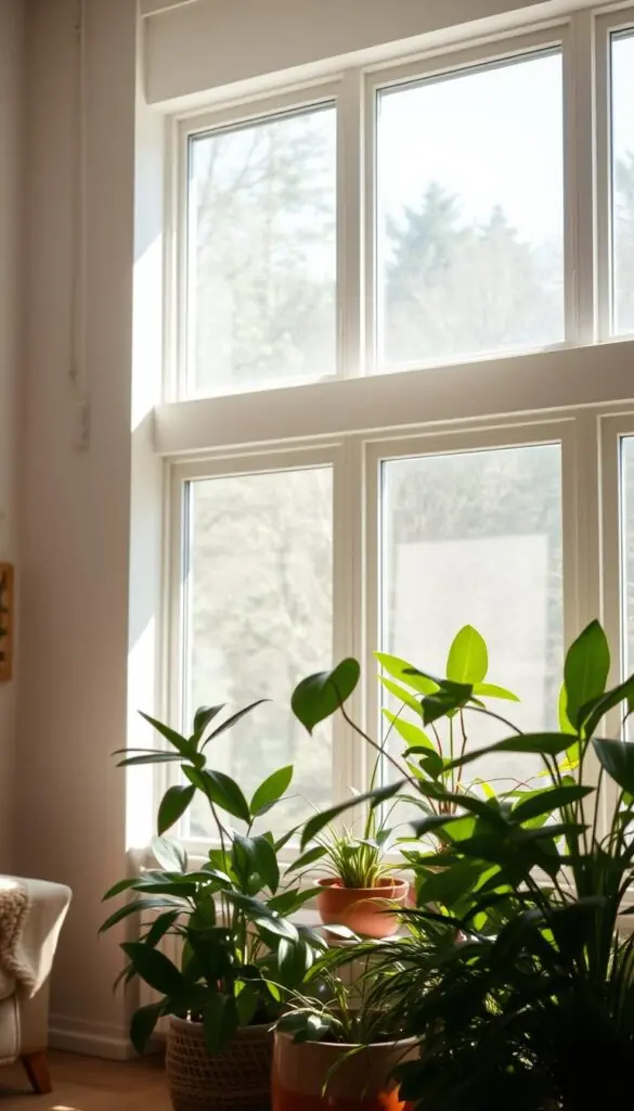 A bright, airy room bathed in natural, indirect light. Diffused sunlight streams through large windows, creating a warm, even glow that bathes the space. The light filters softly, casting gentle shadows and highlighting the textures of indoor plants and furnishings. The atmosphere is soothing and inviting, with a sense of tranquility and calm. Subtle highlights accentuate the delicate features of the houseplants, conveying a thriving, healthy appearance. The lighting is carefully balanced, neither too harsh nor too dim, creating the ideal environment for cultivating lush, vibrant greenery. A bright, airy room bathed in natural, indirect light. Diffused sunlight streams through large windows, creating a warm, even glow that bathes the space. The light filters softly, casting gentle shadows and highlighting the textures of indoor plants and furnishings. The atmosphere is soothing and inviting, with a sense of tranquility and calm. Subtle highlights accentuate the delicate features of the houseplants, conveying a thriving, healthy appearance. The lighting is carefully balanced, neither too harsh nor too dim, creating the ideal environment for cultivating lush, vibrant greenery.