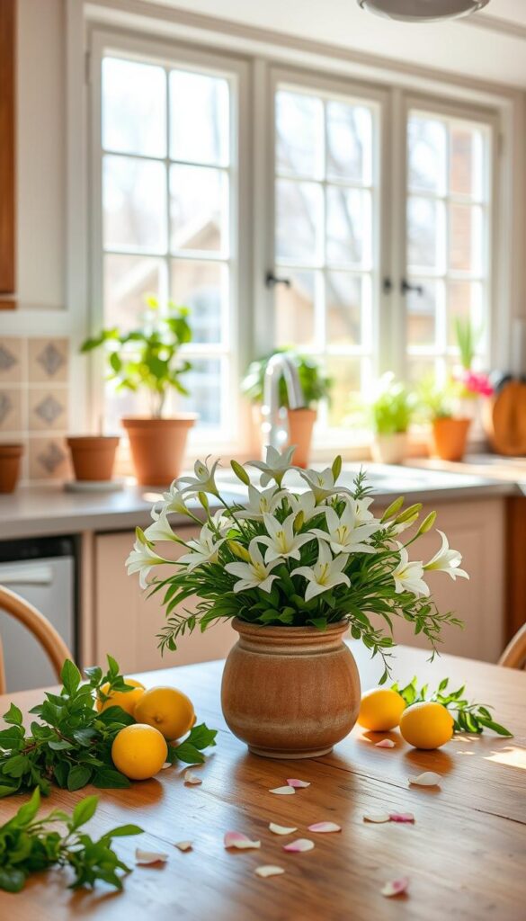 A bright and airy kitchen on a spring day, with natural light streaming through large windows. In the foreground, a table is set with a simple yet elegant centerpiece - a cluster of delicate white flowers, perhaps lilies or jasmine, nestled among lush greenery in a rustic ceramic vase. The tabletop is adorned with fresh herbs, lemons, and a scattering of petals, creating a serene and inviting atmosphere. In the middle ground, potted plants line the windowsills, their vibrant foliage adding pops of color to the scene. The background features a warm, earthy color palette, with soft wood tones and muted tile accents that complement the natural elements. The overall mood is one of relaxed sophistication, capturing the essence of spring in an everyday kitchen setting. A bright and airy kitchen on a spring day, with natural light streaming through large windows. In the foreground, a table is set with a simple yet elegant centerpiece - a cluster of delicate white flowers, perhaps lilies or jasmine, nestled among lush greenery in a rustic ceramic vase. The tabletop is adorned with fresh herbs, lemons, and a scattering of petals, creating a serene and inviting atmosphere. In the middle ground, potted plants line the windowsills, their vibrant foliage adding pops of color to the scene. The background features a warm, earthy color palette, with soft wood tones and muted tile accents that complement the natural elements. The overall mood is one of relaxed sophistication, capturing the essence of spring in an everyday kitchen setting.