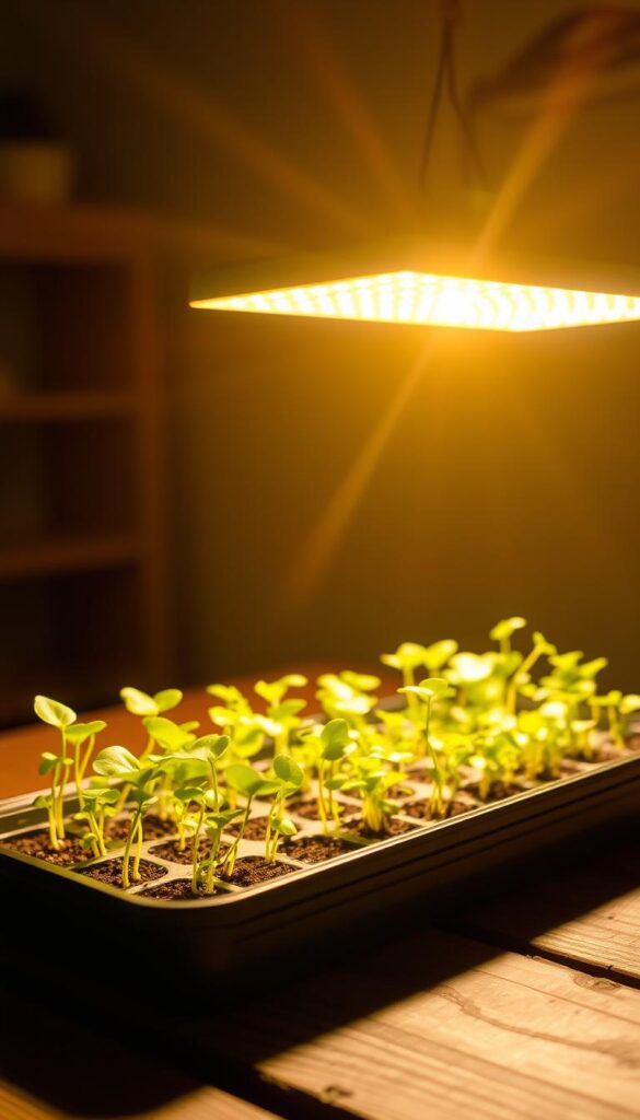A bright, full-spectrum grow light suspended from the ceiling, illuminating a tray of freshly sprouted seedlings on a wooden table. The light's warm glow casts a cozy ambiance, perfectly complementing the verdant growth. Crisp shadows and highlights accentuate the delicate leaves and tender stems, inviting the viewer to imagine the healthy, vibrant plants these seedlings will become. The scene conveys a sense of nurture and growth, hinting at the promise of the impending spring harvest. The lighting and composition draw the eye to the heart of the image, highlighting the essential role of artificial light in starting plants indoors. A bright, full-spectrum grow light suspended from the ceiling, illuminating a tray of freshly sprouted seedlings on a wooden table. The light's warm glow casts a cozy ambiance, perfectly complementing the verdant growth. Crisp shadows and highlights accentuate the delicate leaves and tender stems, inviting the viewer to imagine the healthy, vibrant plants these seedlings will become. The scene conveys a sense of nurture and growth, hinting at the promise of the impending spring harvest. The lighting and composition draw the eye to the heart of the image, highlighting the essential role of artificial light in starting plants indoors.