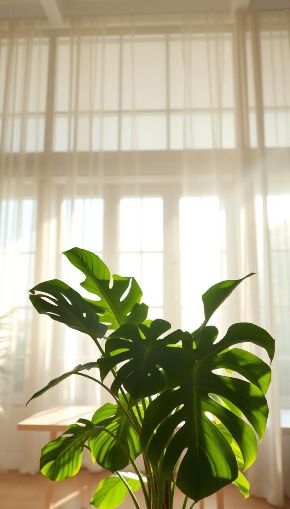 A bright, indirect light-filled room with large windows, allowing natural illumination to pour in and gently cascade across the scene. Soft, diffused beams of sunlight filter through sheer curtains, creating a warm, glowing ambiance. The light dances and plays upon the surfaces, highlighting the lush, vibrant foliage of a thriving Monstera plant in the foreground. The plant's large, glossy leaves are bathed in this soothing, even lighting, showcasing their intricate patterns and textures. The middle ground features a simple, minimalist wooden table or surface, providing a natural backdrop for the plant. The background subtly fades into a serene, out-of-focus view, complementing the tranquil, nurturing atmosphere. A bright, indirect light-filled room with large windows, allowing natural illumination to pour in and gently cascade across the scene. Soft, diffused beams of sunlight filter through sheer curtains, creating a warm, glowing ambiance. The light dances and plays upon the surfaces, highlighting the lush, vibrant foliage of a thriving Monstera plant in the foreground. The plant's large, glossy leaves are bathed in this soothing, even lighting, showcasing their intricate patterns and textures. The middle ground features a simple, minimalist wooden table or surface, providing a natural backdrop for the plant. The background subtly fades into a serene, out-of-focus view, complementing the tranquil, nurturing atmosphere.