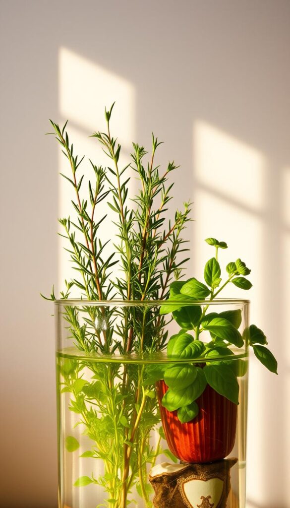 A bright, natural light-filled indoor setting with a glass container filled with clear water and a selection of potted herbs, including rosemary, thyme, and basil. The herbs are positioned to showcase their vibrant green foliage and delicate structures. The water in the container reflects the warm, indirect lighting, creating a shimmering, soothing effect. The background is a neutral, minimalist wall, allowing the herbs and water to be the focal point. The overall scene conveys a sense of calm, wellness, and the nourishing environment necessary for healthy, flavorful indoor herbs. A bright, natural light-filled indoor setting with a glass container filled with clear water and a selection of potted herbs, including rosemary, thyme, and basil. The herbs are positioned to showcase their vibrant green foliage and delicate structures. The water in the container reflects the warm, indirect lighting, creating a shimmering, soothing effect. The background is a neutral, minimalist wall, allowing the herbs and water to be the focal point. The overall scene conveys a sense of calm, wellness, and the nourishing environment necessary for healthy, flavorful indoor herbs.