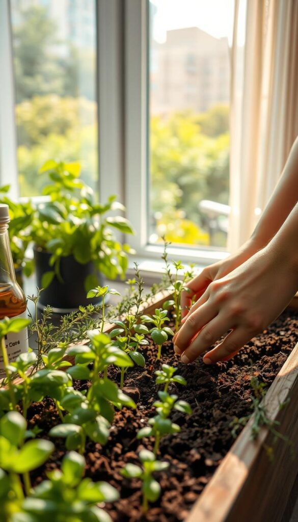 A bright, natural light-filled indoor setting. In the foreground, a person's hands delicately planting small herb seedlings or cuttings into a raised planter box filled with rich, dark soil. Herbs like basil, thyme, and rosemary surround the planter, their verdant leaves and stems reaching up towards the light. In the middle ground, a window overlooking a lush, green outdoor garden or urban landscape. The atmosphere is serene, peaceful, and filled with a sense of new growth and nurturing. The camera angle is slightly elevated, capturing the process of planting herbs indoors in a warm, inviting manner. A bright, natural light-filled indoor setting. In the foreground, a person's hands delicately planting small herb seedlings or cuttings into a raised planter box filled with rich, dark soil. Herbs like basil, thyme, and rosemary surround the planter, their verdant leaves and stems reaching up towards the light. In the middle ground, a window overlooking a lush, green outdoor garden or urban landscape. The atmosphere is serene, peaceful, and filled with a sense of new growth and nurturing. The camera angle is slightly elevated, capturing the process of planting herbs indoors in a warm, inviting manner.