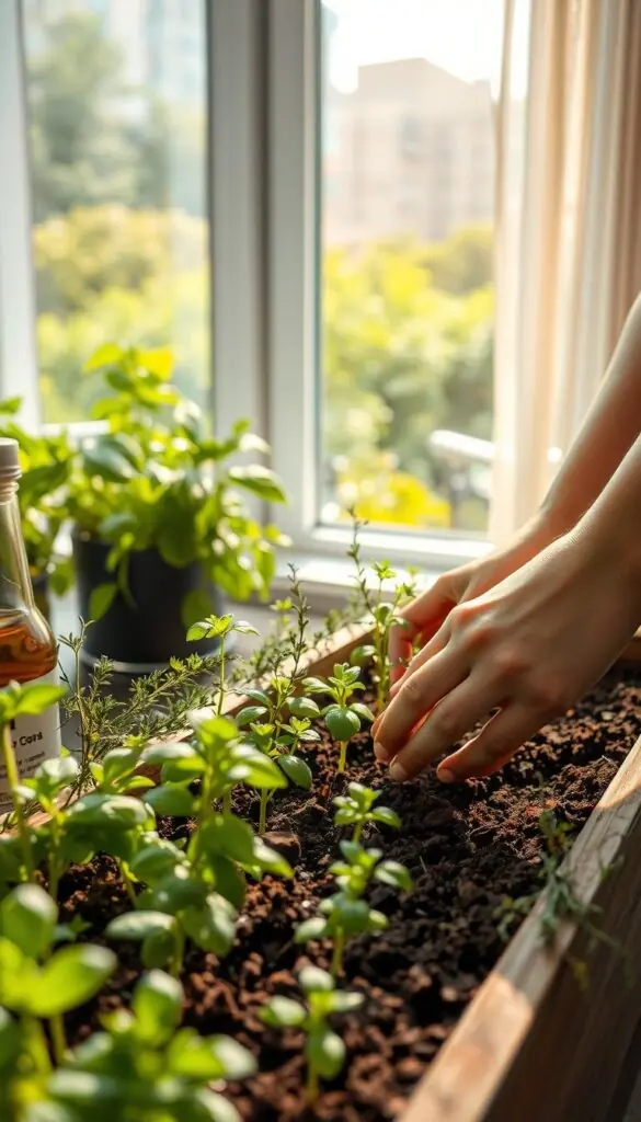 A bright, natural light-filled indoor setting. In the foreground, a person's hands delicately planting small herb seedlings or cuttings into a raised planter box filled with rich, dark soil. Herbs like basil, thyme, and rosemary surround the planter, their verdant leaves and stems reaching up towards the light. In the middle ground, a window overlooking a lush, green outdoor garden or urban landscape. The atmosphere is serene, peaceful, and filled with a sense of new growth and nurturing. The camera angle is slightly elevated, capturing the process of planting herbs indoors in a warm, inviting manner. A bright, natural light-filled indoor setting. In the foreground, a person's hands delicately planting small herb seedlings or cuttings into a raised planter box filled with rich, dark soil. Herbs like basil, thyme, and rosemary surround the planter, their verdant leaves and stems reaching up towards the light. In the middle ground, a window overlooking a lush, green outdoor garden or urban landscape. The atmosphere is serene, peaceful, and filled with a sense of new growth and nurturing. The camera angle is slightly elevated, capturing the process of planting herbs indoors in a warm, inviting manner.