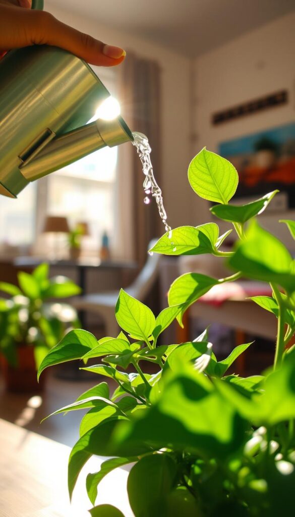 A bright, sunlit indoor scene of a hand carefully watering a thriving houseplant. The plant's lush green leaves fill the foreground, the water cascading gently from a slender watering can, droplets glittering in the soft natural light. The mid-ground features a wooden table or windowsill, the background a blurred view of a cozy domestic interior. The lighting is warm and inviting, creating a serene, calming atmosphere. The composition is balanced, drawing the eye to the plant's vibrant foliage and the act of watering, conveying the care and attention required for healthy houseplants. A bright, sunlit indoor scene of a hand carefully watering a thriving houseplant. The plant's lush green leaves fill the foreground, the water cascading gently from a slender watering can, droplets glittering in the soft natural light. The mid-ground features a wooden table or windowsill, the background a blurred view of a cozy domestic interior. The lighting is warm and inviting, creating a serene, calming atmosphere. The composition is balanced, drawing the eye to the plant's vibrant foliage and the act of watering, conveying the care and attention required for healthy houseplants.