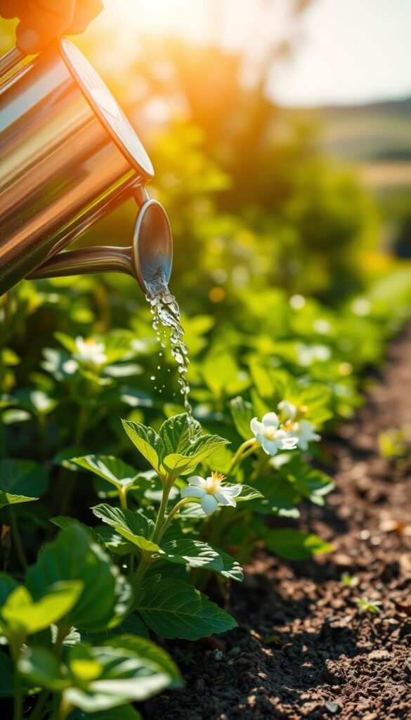 A bright, sunny day in a lush garden, the warm rays illuminating a vibrant, healthy plant. In the foreground, a hand holding a watering can gently sprinkles water onto the soil, ensuring the plant's roots are nourished without waste. The mid-ground showcases the plant's verdant foliage and delicate blooms, their petals glistening with the fresh water. The background depicts a serene, blurred landscape, drawing the viewer's focus to the act of careful, intentional watering. The scene exudes a sense of tranquility and an appreciation for the balance between watering and letting nature thrive. A bright, sunny day in a lush garden, the warm rays illuminating a vibrant, healthy plant. In the foreground, a hand holding a watering can gently sprinkles water onto the soil, ensuring the plant's roots are nourished without waste. The mid-ground showcases the plant's verdant foliage and delicate blooms, their petals glistening with the fresh water. The background depicts a serene, blurred landscape, drawing the viewer's focus to the act of careful, intentional watering. The scene exudes a sense of tranquility and an appreciation for the balance between watering and letting nature thrive.