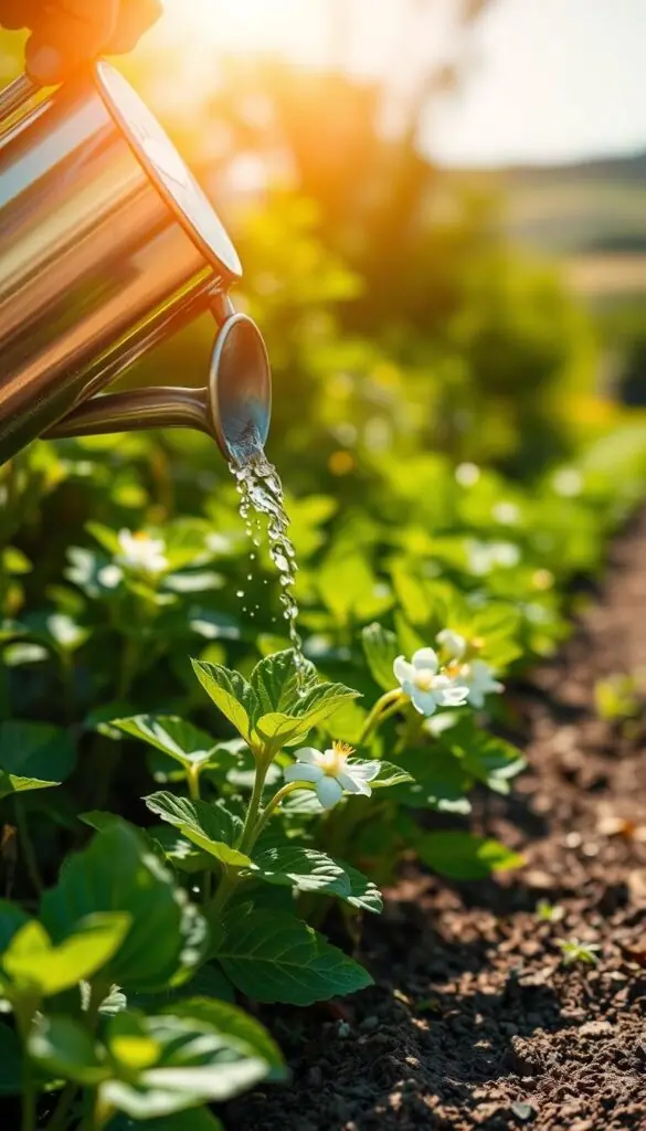A bright, sunny day in a lush garden, the warm rays illuminating a vibrant, healthy plant. In the foreground, a hand holding a watering can gently sprinkles water onto the soil, ensuring the plant's roots are nourished without waste. The mid-ground showcases the plant's verdant foliage and delicate blooms, their petals glistening with the fresh water. The background depicts a serene, blurred landscape, drawing the viewer's focus to the act of careful, intentional watering. The scene exudes a sense of tranquility and an appreciation for the balance between watering and letting nature thrive. A bright, sunny day in a lush garden, the warm rays illuminating a vibrant, healthy plant. In the foreground, a hand holding a watering can gently sprinkles water onto the soil, ensuring the plant's roots are nourished without waste. The mid-ground showcases the plant's verdant foliage and delicate blooms, their petals glistening with the fresh water. The background depicts a serene, blurred landscape, drawing the viewer's focus to the act of careful, intentional watering. The scene exudes a sense of tranquility and an appreciation for the balance between watering and letting nature thrive.