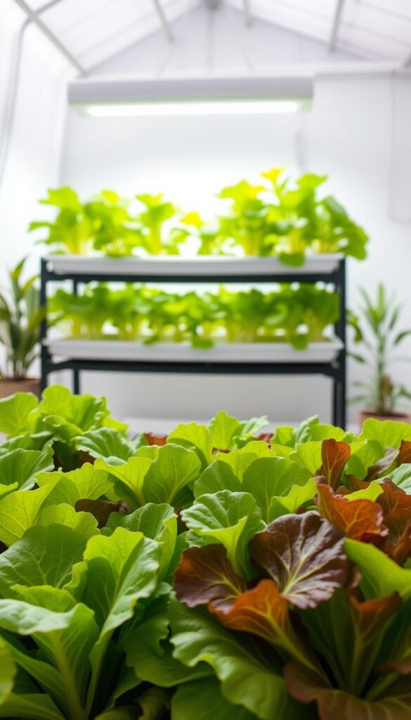 A bright, well-lit indoor greenhouse setting with lush, vibrant lettuce plants in various stages of growth. The foreground features a mix of different lettuce varieties, such as romaine, butterhead, and oakleaf, their green and red leaves gently unfurling towards the light. In the middle ground, a tiered grow rack or shelving unit showcases the lettuce's vertical growth, with the plants thriving under natural or artificial illumination. The background depicts a soothing, minimalist environment, perhaps with a few houseplants or other greenery, creating a serene and calming atmosphere conducive to successful indoor lettuce cultivation. A bright, well-lit indoor greenhouse setting with lush, vibrant lettuce plants in various stages of growth. The foreground features a mix of different lettuce varieties, such as romaine, butterhead, and oakleaf, their green and red leaves gently unfurling towards the light. In the middle ground, a tiered grow rack or shelving unit showcases the lettuce's vertical growth, with the plants thriving under natural or artificial illumination. The background depicts a soothing, minimalist environment, perhaps with a few houseplants or other greenery, creating a serene and calming atmosphere conducive to successful indoor lettuce cultivation.