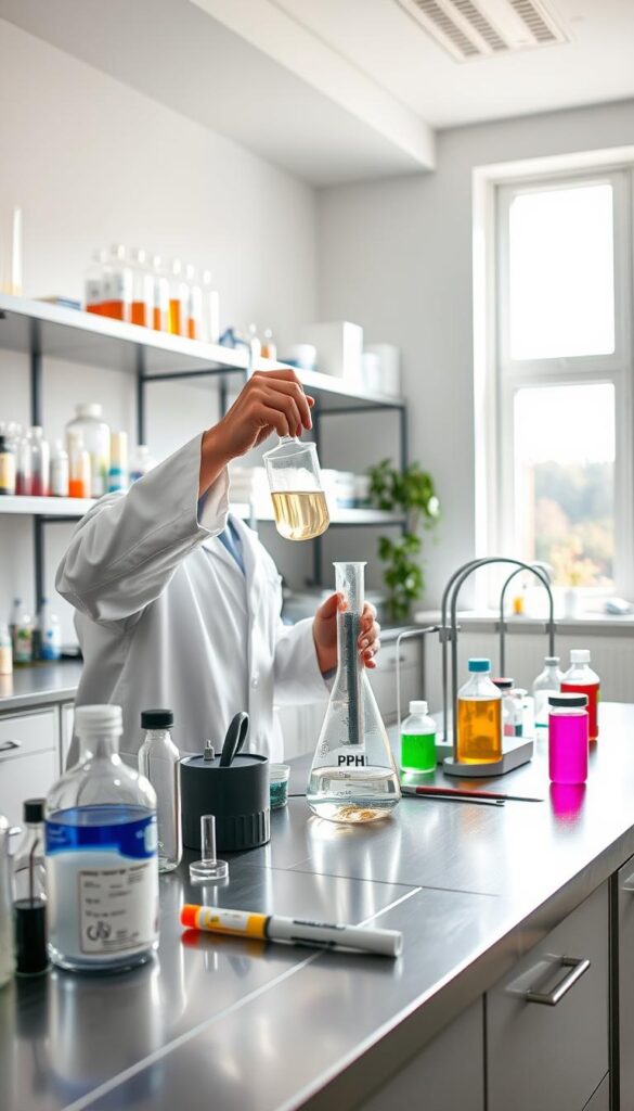 A bright, well-lit laboratory scene with scientific equipment and tools neatly arranged on a clean, stainless steel workbench. In the foreground, a person in a white lab coat carefully pours a liquid from a beaker into a graduated cylinder, measuring the pH level with a digital meter. Shelves in the background hold various chemicals and solutions, while a large window allows natural light to flood the space, creating a sense of openness and scientific precision. The overall mood is one of focus and attention to detail, with a hint of the care and expertise required for safely adjusting soil pH.