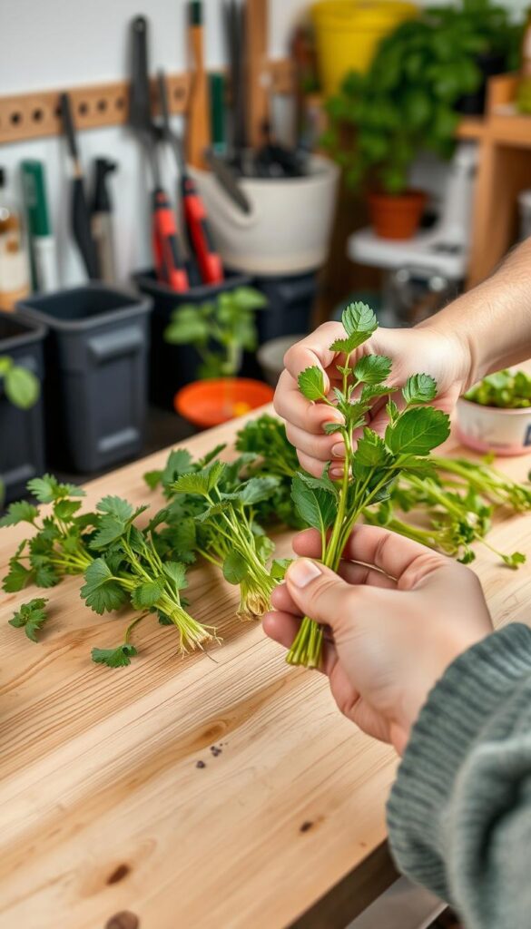 A bright, well-lit studio setting. On a clean, wooden surface, several healthy herb cuttings are arranged, their vibrant green leaves and stems in sharp focus. The cuttings are being held by a pair of gentle, skilled hands, demonstrating the proper technique for taking clean, angled cuts just below a leaf node. The background is blurred, but hints at various gardening tools and supplies, creating a sense of a dedicated herb propagation workspace. The lighting is soft and even, accentuating the delicate textures of the plant material. The overall scene conveys a sense of care, precision, and the nurturing of new growth. A bright, well-lit studio setting. On a clean, wooden surface, several healthy herb cuttings are arranged, their vibrant green leaves and stems in sharp focus. The cuttings are being held by a pair of gentle, skilled hands, demonstrating the proper technique for taking clean, angled cuts just below a leaf node. The background is blurred, but hints at various gardening tools and supplies, creating a sense of a dedicated herb propagation workspace. The lighting is soft and even, accentuating the delicate textures of the plant material. The overall scene conveys a sense of care, precision, and the nurturing of new growth.