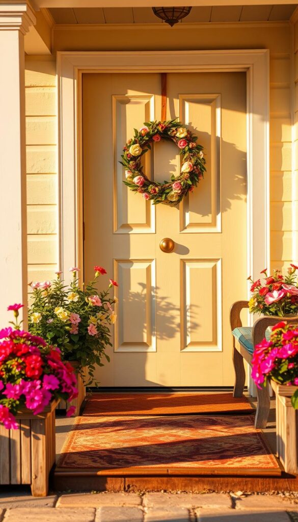 A brightly lit, freshly painted wooden front door with a cheerful spring wreath, cast in warm, golden late afternoon sunlight. The door is complemented by a new, shiny brass knocker and house number, gleaming against the crisp white paint. Lush, blooming flower boxes flank the entryway, overflowing with vibrant seasonal blooms. The porch is adorned with a welcoming, weather-worn wooden bench and a plush, colorful outdoor rug, creating an inviting and cozy atmosphere. The overall scene exudes a sense of rejuvenation and a friendly, happy welcome, perfectly capturing the spirit of spring.