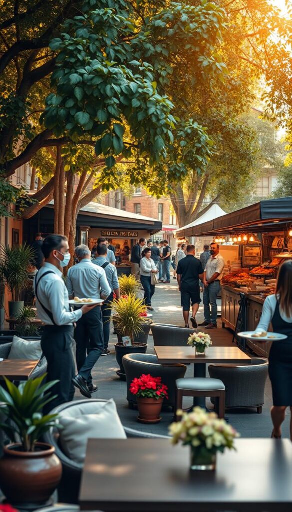 A bustling service area in a lively outdoor dining setting, captured with a cinematic wide-angle lens. In the foreground, servers in crisp uniforms move efficiently between tables, delivering plates of delectable dishes. The middle ground showcases a well-appointed seating area, with inviting lounge furniture and vibrant potted plants. In the background, a series of vendor stalls offer an array of artisanal goods, from handcrafted wares to freshly baked treats, all bathed in warm, golden sunlight filtering through a canopy of trees. The overall scene conveys a sense of community, hospitality, and a celebration of the outdoors. A bustling service area in a lively outdoor dining setting, captured with a cinematic wide-angle lens. In the foreground, servers in crisp uniforms move efficiently between tables, delivering plates of delectable dishes. The middle ground showcases a well-appointed seating area, with inviting lounge furniture and vibrant potted plants. In the background, a series of vendor stalls offer an array of artisanal goods, from handcrafted wares to freshly baked treats, all bathed in warm, golden sunlight filtering through a canopy of trees. The overall scene conveys a sense of community, hospitality, and a celebration of the outdoors.