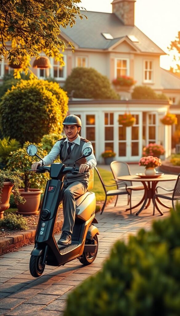 A busy outdoor delivery scene, a courier on a sleek electric scooter carefully navigating a path through a lush, well-manicured garden. The foreground shows the deliverer, clad in a crisp uniform, expertly maneuvering the vehicle with precision. In the middle ground, an elegant patio set surrounded by potted plants and hanging baskets, suggesting a comfortable, inviting outdoor living space. The background features a stately home, its architecture blending seamlessly with the natural surroundings. Warm, golden lighting casts a soft glow, creating a serene, peaceful atmosphere. The overall composition conveys a sense of efficiency, care, and attention to detail - key elements that save time, money, and stress when choosing the right outdoor furniture.