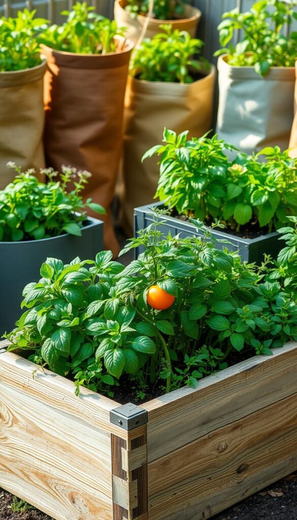 A carefully curated selection of lush, thriving planters for a verdant edible garden. In the foreground, a rustic wooden planter box overflows with leafy greens, herbs, and vibrant vegetables. Midground, a sleek self-watering planter in a modern, minimalist design showcases a flourishing tomato plant. In the background, a collection of fabric grow bags in earthy tones and textures houses an array of vibrant, healthy plants. Diffused natural lighting casts a warm, inviting glow, highlighting the richness of the soil and the vitality of the greenery. The overall scene exudes a sense of abundance, sustainability, and the joy of growing your own nourishing produce. A carefully curated selection of lush, thriving planters for a verdant edible garden. In the foreground, a rustic wooden planter box overflows with leafy greens, herbs, and vibrant vegetables. Midground, a sleek self-watering planter in a modern, minimalist design showcases a flourishing tomato plant. In the background, a collection of fabric grow bags in earthy tones and textures houses an array of vibrant, healthy plants. Diffused natural lighting casts a warm, inviting glow, highlighting the richness of the soil and the vitality of the greenery. The overall scene exudes a sense of abundance, sustainability, and the joy of growing your own nourishing produce.