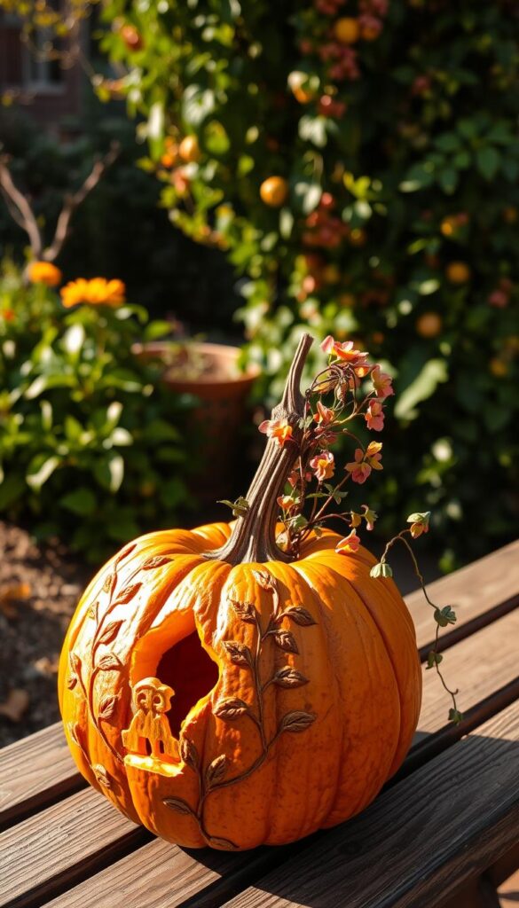 A carved pumpkin with intricate vine and leaf patterns, resting on a wooden garden bench. Warm autumnal lighting casts soft shadows, highlighting the textured surface of the pumpkin. In the background, a lush, verdant garden scene with vibrant foliage and a cozy, rustic ambiance. The pumpkin's hollowed-out interior serves as a planter, filled with cascading vines and seasonal flowers. The overall composition evokes a sense of homely, harvest-time charm and natural beauty. A carved pumpkin with intricate vine and leaf patterns, resting on a wooden garden bench. Warm autumnal lighting casts soft shadows, highlighting the textured surface of the pumpkin. In the background, a lush, verdant garden scene with vibrant foliage and a cozy, rustic ambiance. The pumpkin's hollowed-out interior serves as a planter, filled with cascading vines and seasonal flowers. The overall composition evokes a sense of homely, harvest-time charm and natural beauty.