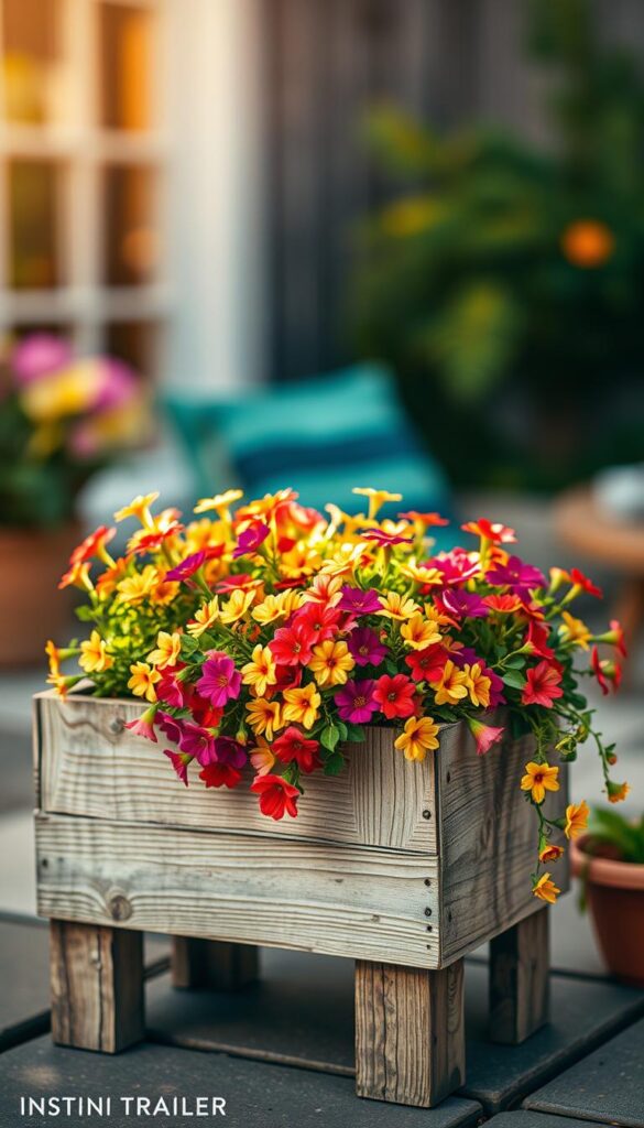 A charming and colorful planter, featuring a lush arrangement of vibrant flowers spilling over the edges. The planter is crafted from weathered, rustic wood, adding a natural, earthy feel. Soft, diffused lighting illuminates the scene, casting warm, golden hues and gentle shadows. The planter is positioned in the foreground, with a blurred, out-of-focus background suggesting a cozy, serene backyard setting. The overall composition conveys a sense of whimsical, organic beauty, perfectly suited to enhance the personality of any outdoor space.