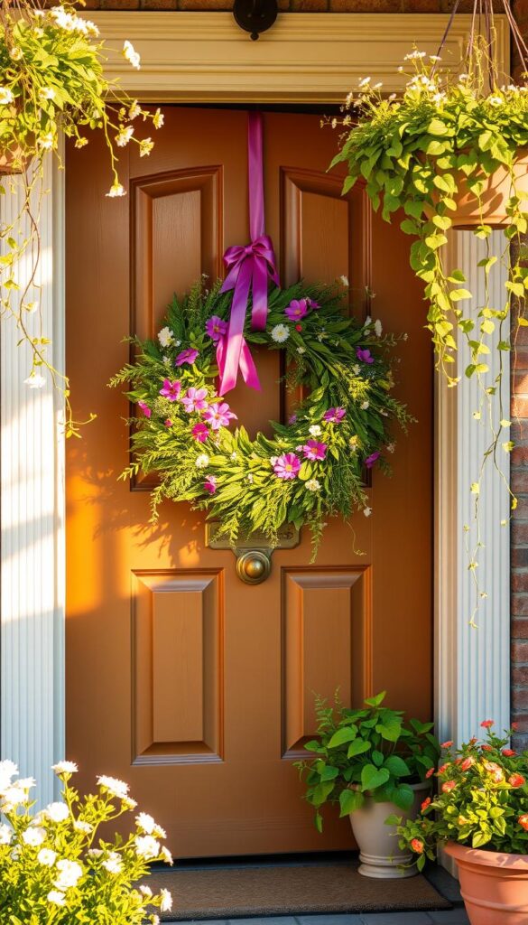 A charming and inviting front door, adorned with a lush, seasonal wreath made of fresh greenery, wildflowers, and vibrant ribbons. The door is set against a backdrop of a well-manicured, verdant garden, with delicate blossoms and potted plants lining the entryway. Warm, golden sunlight filters through the scene, casting a soft, welcoming glow. The wooden door is painted in a cheerful, springtime hue, complemented by a classic brass door knocker and hardware. Wispy vines and trailing ivy cascade from hanging baskets, adding a touch of natural elegance. This scene exudes a sense of renewal and the promise of a joyful, spring-inspired home. A charming and inviting front door, adorned with a lush, seasonal wreath made of fresh greenery, wildflowers, and vibrant ribbons. The door is set against a backdrop of a well-manicured, verdant garden, with delicate blossoms and potted plants lining the entryway. Warm, golden sunlight filters through the scene, casting a soft, welcoming glow. The wooden door is painted in a cheerful, springtime hue, complemented by a classic brass door knocker and hardware. Wispy vines and trailing ivy cascade from hanging baskets, adding a touch of natural elegance. This scene exudes a sense of renewal and the promise of a joyful, spring-inspired home.