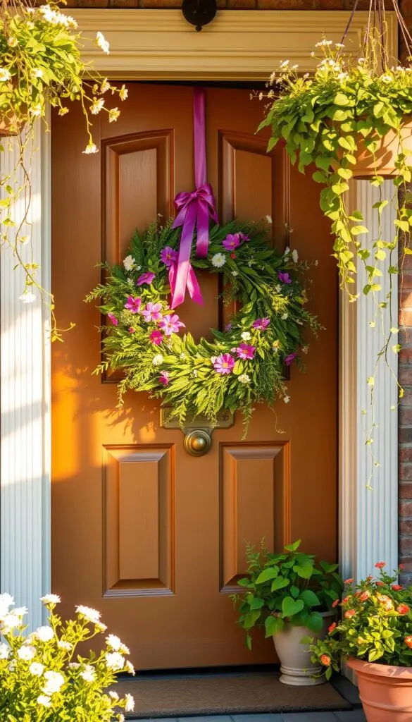A charming and inviting front door, adorned with a lush, seasonal wreath made of fresh greenery, wildflowers, and vibrant ribbons. The door is set against a backdrop of a well-manicured, verdant garden, with delicate blossoms and potted plants lining the entryway. Warm, golden sunlight filters through the scene, casting a soft, welcoming glow. The wooden door is painted in a cheerful, springtime hue, complemented by a classic brass door knocker and hardware. Wispy vines and trailing ivy cascade from hanging baskets, adding a touch of natural elegance. This scene exudes a sense of renewal and the promise of a joyful, spring-inspired home. A charming and inviting front door, adorned with a lush, seasonal wreath made of fresh greenery, wildflowers, and vibrant ribbons. The door is set against a backdrop of a well-manicured, verdant garden, with delicate blossoms and potted plants lining the entryway. Warm, golden sunlight filters through the scene, casting a soft, welcoming glow. The wooden door is painted in a cheerful, springtime hue, complemented by a classic brass door knocker and hardware. Wispy vines and trailing ivy cascade from hanging baskets, adding a touch of natural elegance. This scene exudes a sense of renewal and the promise of a joyful, spring-inspired home.