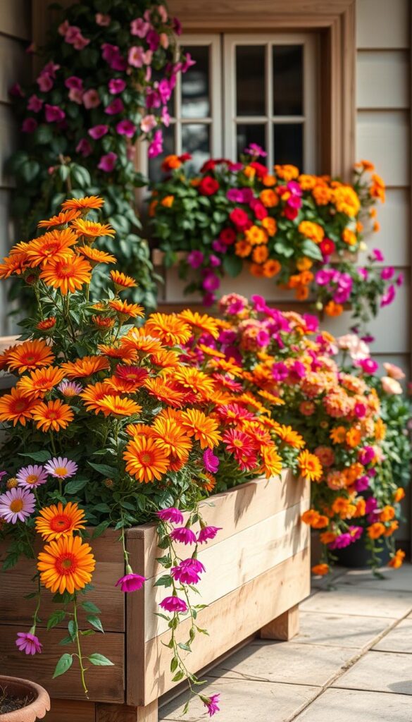 A charming container garden overflowing with lush, fall-blooming flowers. In the foreground, a wooden planter box filled with vibrant chrysanthemums, marigolds, and cosmos in warm autumnal hues. The middle ground showcases trailing vines of trailing ivy and cascading fuchsias, creating a cascade of color. In the background, a cozy window box flanked by weathered wooden frames, brimming with pansies, snapdragons, and trailing bacopa. Soft, diffused natural light filters through the scene, casting a golden glow and evoking a sense of coziness and late-season vibrancy. The overall composition conveys the beauty and versatility of container gardening for cool-weather blooms. A charming container garden overflowing with lush, fall-blooming flowers. In the foreground, a wooden planter box filled with vibrant chrysanthemums, marigolds, and cosmos in warm autumnal hues. The middle ground showcases trailing vines of trailing ivy and cascading fuchsias, creating a cascade of color. In the background, a cozy window box flanked by weathered wooden frames, brimming with pansies, snapdragons, and trailing bacopa. Soft, diffused natural light filters through the scene, casting a golden glow and evoking a sense of coziness and late-season vibrancy. The overall composition conveys the beauty and versatility of container gardening for cool-weather blooms.