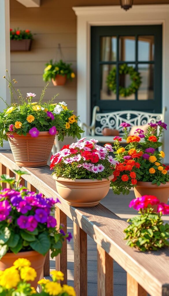 A charming front porch with vibrant spring planters overflowing with lush foliage and colorful blooms. The planters are arranged on the wooden porch railings, casting a warm, inviting glow under soft natural lighting. In the foreground, an assortment of terracotta, wicker, and metal planters in muted earthy tones add depth and texture. The middle ground features a mix of flowering annuals like petunias, marigolds, and geraniums, their vibrant hues contrasting against the weathered porch boards. In the background, a welcoming front door and picturesque porch swing set the scene for a cozy, cheerful spring refresh that captures the essence of "hello, spring."