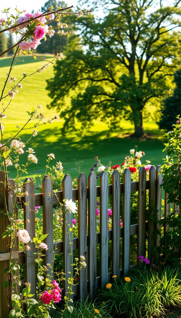 A charming garden fence adorned with seasonal blooms, framing a lush, verdant landscape. In the foreground, delicate vines and trailing flowers cascade gracefully over the weathered wooden slats, adding a touch of whimsical elegance. The middle ground showcases a mix of perennials and annuals, their vibrant hues reflecting the current season's palette. In the background, a gently rolling hill is dotted with mature trees, casting soft, dappled shadows that dance across the scene. The lighting is warm and golden, conveying a sense of tranquility and timelessness. The overall composition evokes a harmonious balance between the natural world and human-crafted elements, inviting the viewer to pause and savor the beauty of this carefully curated garden oasis.