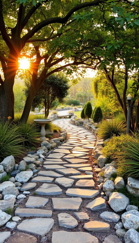 A charming garden path winds through a lush, verdant landscape. In the foreground, an eclectic mix of natural materials - smooth stones, weathered wood, and river rocks - creates a visually captivating pathway. Overhead, a canopy of mature trees filters the warm, golden sunlight, casting a gentle, dappled glow across the scene. In the middle ground, whimsical garden accents, such as a birdbath and an artfully placed piece of driftwood, add layers of visual interest. In the distance, the path continues, beckoning the viewer to explore the tranquil, inviting outdoor space. The overall atmosphere is one of serene harmony, where nature and human-made elements coexist in perfect balance.