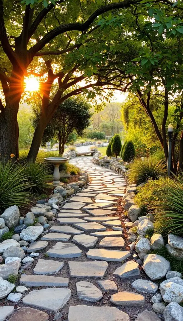 A charming garden path winds through a lush, verdant landscape. In the foreground, an eclectic mix of natural materials - smooth stones, weathered wood, and river rocks - creates a visually captivating pathway. Overhead, a canopy of mature trees filters the warm, golden sunlight, casting a gentle, dappled glow across the scene. In the middle ground, whimsical garden accents, such as a birdbath and an artfully placed piece of driftwood, add layers of visual interest. In the distance, the path continues, beckoning the viewer to explore the tranquil, inviting outdoor space. The overall atmosphere is one of serene harmony, where nature and human-made elements coexist in perfect balance.