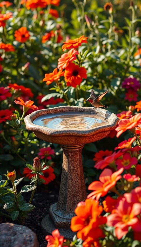A charming hummingbird garden with a shallow, natural-looking birdbath filled with fresh, clear water. The birdbath is nestled amidst lush, vibrant flowers in warm hues like red, orange, and pink, creating an inviting, nectar-rich environment. The scene is bathed in soft, golden afternoon light, casting gentle shadows and highlights that accentuate the intricate details of the flowers and the gently rippling water surface. The birdbath is positioned at the perfect height for hummingbirds to easily access the water, and its design features rounded edges and a gently sloping bottom to allow easy entry and exit. The overall composition conveys a sense of tranquility, beauty, and a welcoming habitat for these delightful avian visitors.
