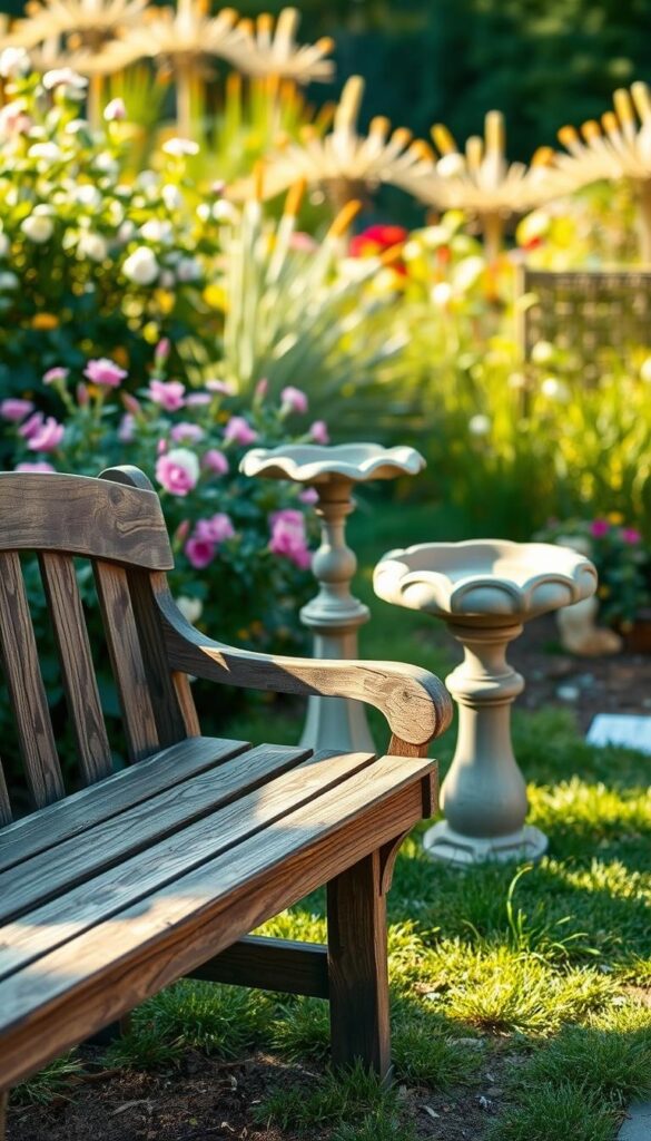 A charming outdoor scene showcasing a rustic wooden bench placed beside a decorative birdbath. The foreground features the detailed bench with weathered slats and a contoured backrest, inviting one to sit and enjoy the tranquil garden surroundings. The middle ground presents the birdbath, a classic stone or ceramic design with a shallow basin for birds to bathe. The background offers a lush, verdant landscape of flowering plants and shrubs, creating a serene and inviting cottage garden atmosphere. The lighting is soft and natural, casting warm, golden tones that enhance the vintage ambiance. The overall composition conveys a sense of quaint whimsy and timeless elegance, perfectly complementing the theme of adding character to small outdoor spaces.