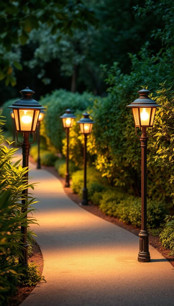 A charming row of classic post lights standing along a winding garden path, their warm, ambient glow illuminating the lush, verdant foliage that lines the walkway. The posts, crafted from wrought iron with a rustic, weathered finish, complement the natural surroundings, creating a cozy, inviting atmosphere. The scene is captured from a low, angled perspective, highlighting the interplay of light and shadow, and the intertwining of the path and the plants. An overall sense of tranquility and understated elegance pervades the image, perfectly capturing the essence of "Post Lights to Guide Driveways and Garden Paths With Charm". A charming row of classic post lights standing along a winding garden path, their warm, ambient glow illuminating the lush, verdant foliage that lines the walkway. The posts, crafted from wrought iron with a rustic, weathered finish, complement the natural surroundings, creating a cozy, inviting atmosphere. The scene is captured from a low, angled perspective, highlighting the interplay of light and shadow, and the intertwining of the path and the plants. An overall sense of tranquility and understated elegance pervades the image, perfectly capturing the essence of "Post Lights to Guide Driveways and Garden Paths With Charm".