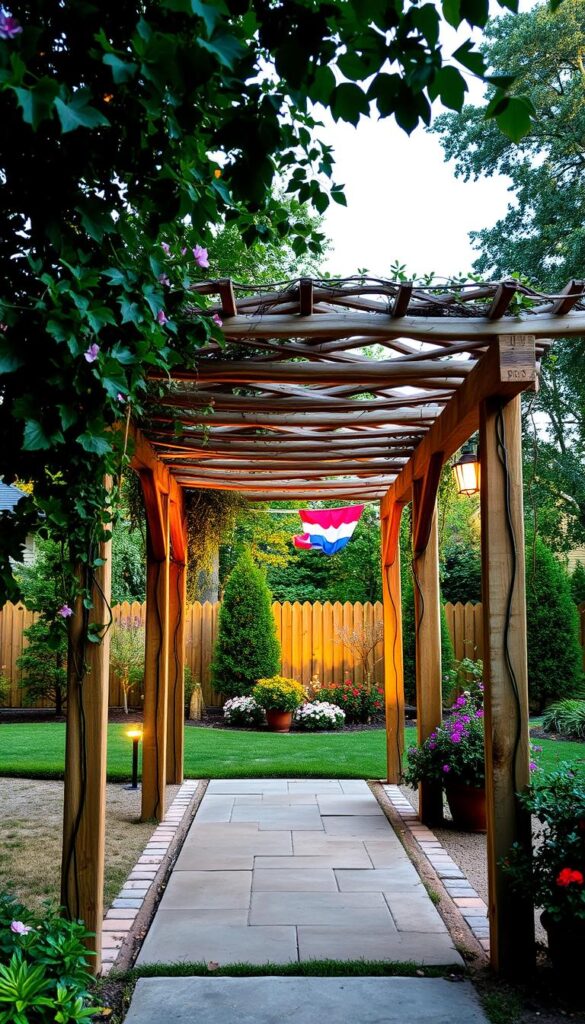 A charming, rustic pergola standing in a lush, well-manicured backyard. Delicate, interwoven wooden beams cast a warm, natural shadow over a paved patio below. Climbing vines and flowering plants add a touch of enchantment, creating a serene, inviting atmosphere. The pergola is illuminated by a soft, golden glow from strategically placed outdoor lights, highlighting its intricate design and lending an air of cozy sophistication. The scene is captured from a low, slightly angled perspective, emphasizing the pergola's elegant structure and its harmonious integration with the surrounding landscape. A charming, rustic pergola standing in a lush, well-manicured backyard. Delicate, interwoven wooden beams cast a warm, natural shadow over a paved patio below. Climbing vines and flowering plants add a touch of enchantment, creating a serene, inviting atmosphere. The pergola is illuminated by a soft, golden glow from strategically placed outdoor lights, highlighting its intricate design and lending an air of cozy sophistication. The scene is captured from a low, slightly angled perspective, emphasizing the pergola's elegant structure and its harmonious integration with the surrounding landscape.