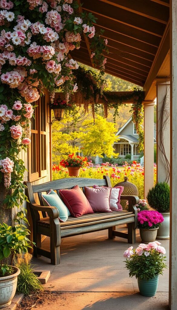 A charming spring porch, adorned with an abundance of blooming flowers and lush greenery. In the foreground, a rustic wooden bench sits invitingly, adorned with plush, colorful cushions. Trailing vines and potted plants line the porch's edge, creating a lush, inviting ambiance. Warm, golden light filters through the porch's beams, casting a soft glow and highlighting the natural textures. In the background, a picturesque garden scene unfolds, with vibrant flowers and verdant foliage. The overall atmosphere is one of warmth, renewal, and the joyful embrace of the spring season.