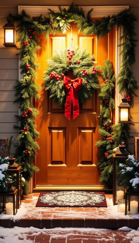 A charming winter-themed front door with a warm, inviting glow. The entryway is adorned with a lush evergreen wreath, adorned with red berries and a velvety ribbon. Garlands of pine and holly flank the doorway, creating a cozy, festive ambiance. Soft lighting from lanterns or candles casts a gentle illumination, casting a welcoming glow. The door itself is a classic, wooden design, with a polished brass knocker and handle. Snow dusts the threshold, adding a touch of winter whimsy. The overall scene conveys a sense of seasonal cheer and hospitality, inviting neighbors to step inside and enjoy the comfort of the home.
