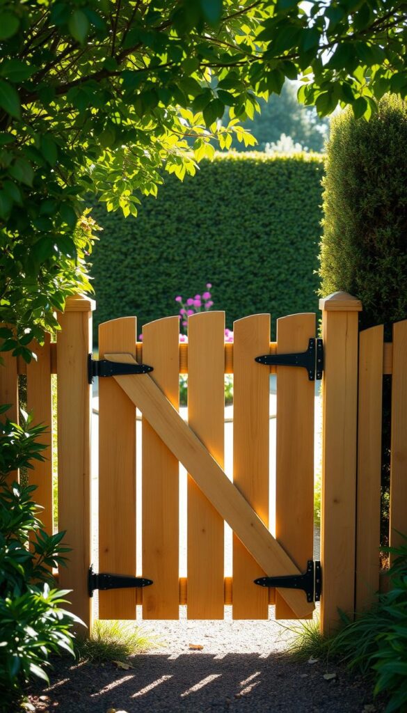 A charming wooden garden gate stands in the foreground, its sturdy panels and hinges designed to withstand chewing and digging. Sunlight filters through the lush foliage, casting a warm, inviting glow on the scene. In the middle ground, a well-tended flower bed adds a splash of color, while in the distance, a neatly trimmed hedge frames the entryway, creating a sense of privacy and enclosure. The camera angle is slightly elevated, providing a clear view of the gate's dimensions and highlighting its role as a functional yet aesthetically pleasing element in the garden landscape.