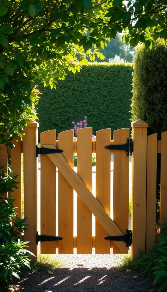A charming wooden garden gate stands in the foreground, its sturdy panels and hinges designed to withstand chewing and digging. Sunlight filters through the lush foliage, casting a warm, inviting glow on the scene. In the middle ground, a well-tended flower bed adds a splash of color, while in the distance, a neatly trimmed hedge frames the entryway, creating a sense of privacy and enclosure. The camera angle is slightly elevated, providing a clear view of the gate's dimensions and highlighting its role as a functional yet aesthetically pleasing element in the garden landscape.