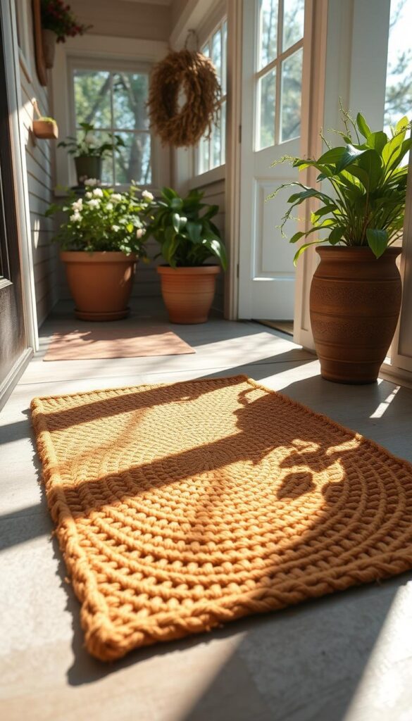 A cheerful, handmade coir doormat lies on a freshly swept front porch, its intricate woven pattern casting playful shadows. Sunlight filters through lush potted plants, illuminating the warm, natural tones of the mat. The entry is inviting and welcoming, with the doormat beckoning guests to step inside and enjoy the cozy, springtime ambiance. A wide-angle lens captures the scene, highlighting the doormat's prominent placement and the harmonious blend of textures and colors that create a charming, homey atmosphere.